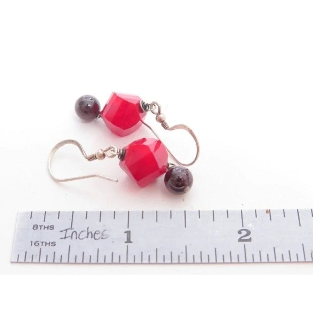 Bright Red Gemstone Sterling Silver‎ Drop  Dangle Earrings